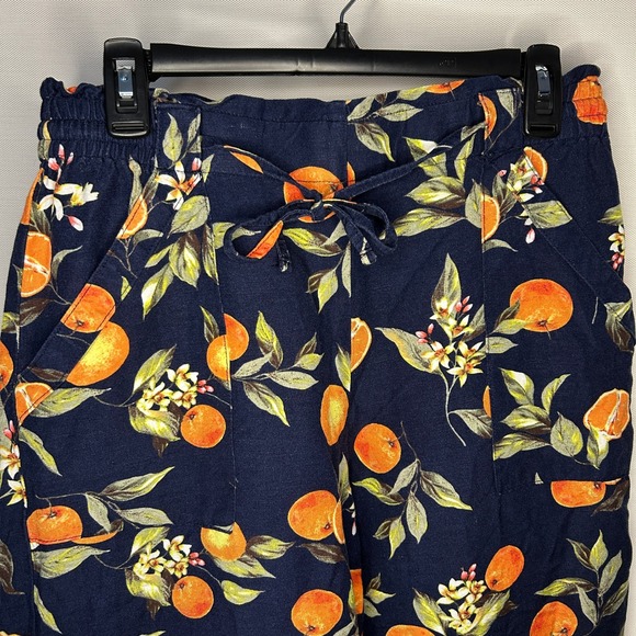 LOFT Navy Blue‎ Orange Citrus Linen Blend Cropped Wide Leg Pants Women M Petite - Picture 2 of 9